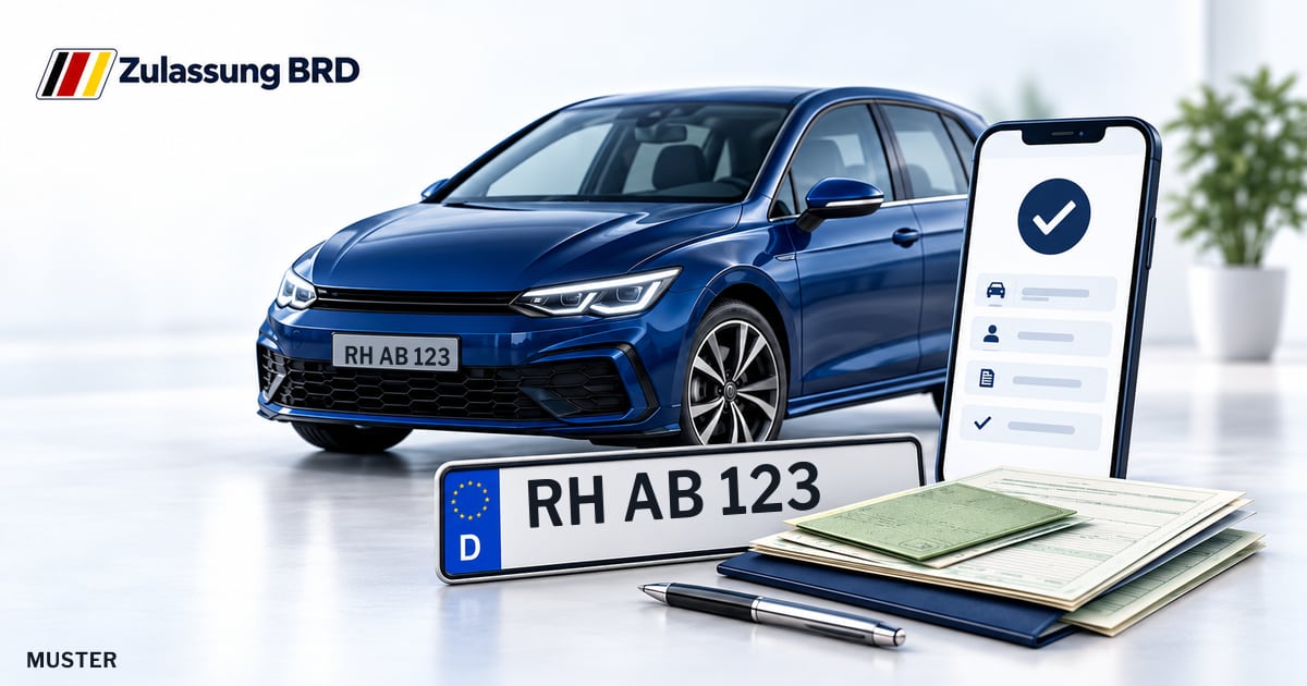 Online Fahrzeugzulassung in Landkreis Roth: Musterkennzeichen RH AB 123, Auto und Fahrzeugpapiere und Smartphone. Illustration mit Logo von Zulassung BRD.